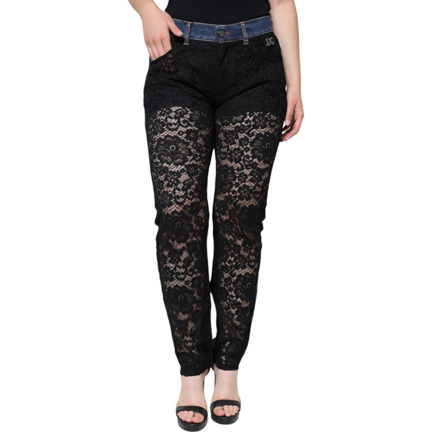 Dolce & Gabbana Black Floral Lace Front Skinny Denim Jeans PAN74594-44