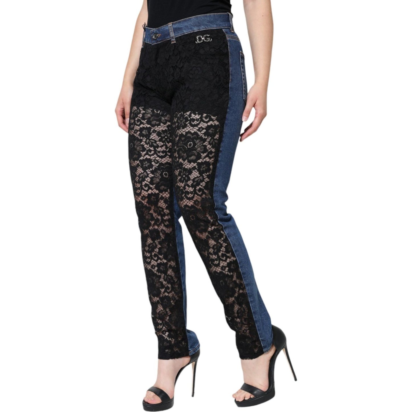 Dolce & Gabbana Black Floral Lace Front Skinny Denim Jeans PAN74594-44