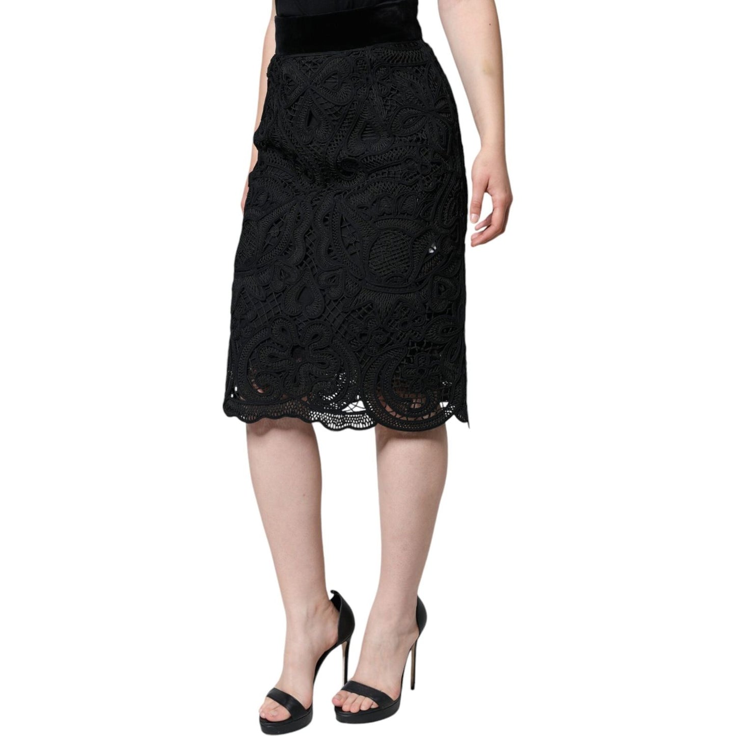 Dolce & Gabbana Black Floral Lace High Waist Pencil Cut Skirt SKI1815-48