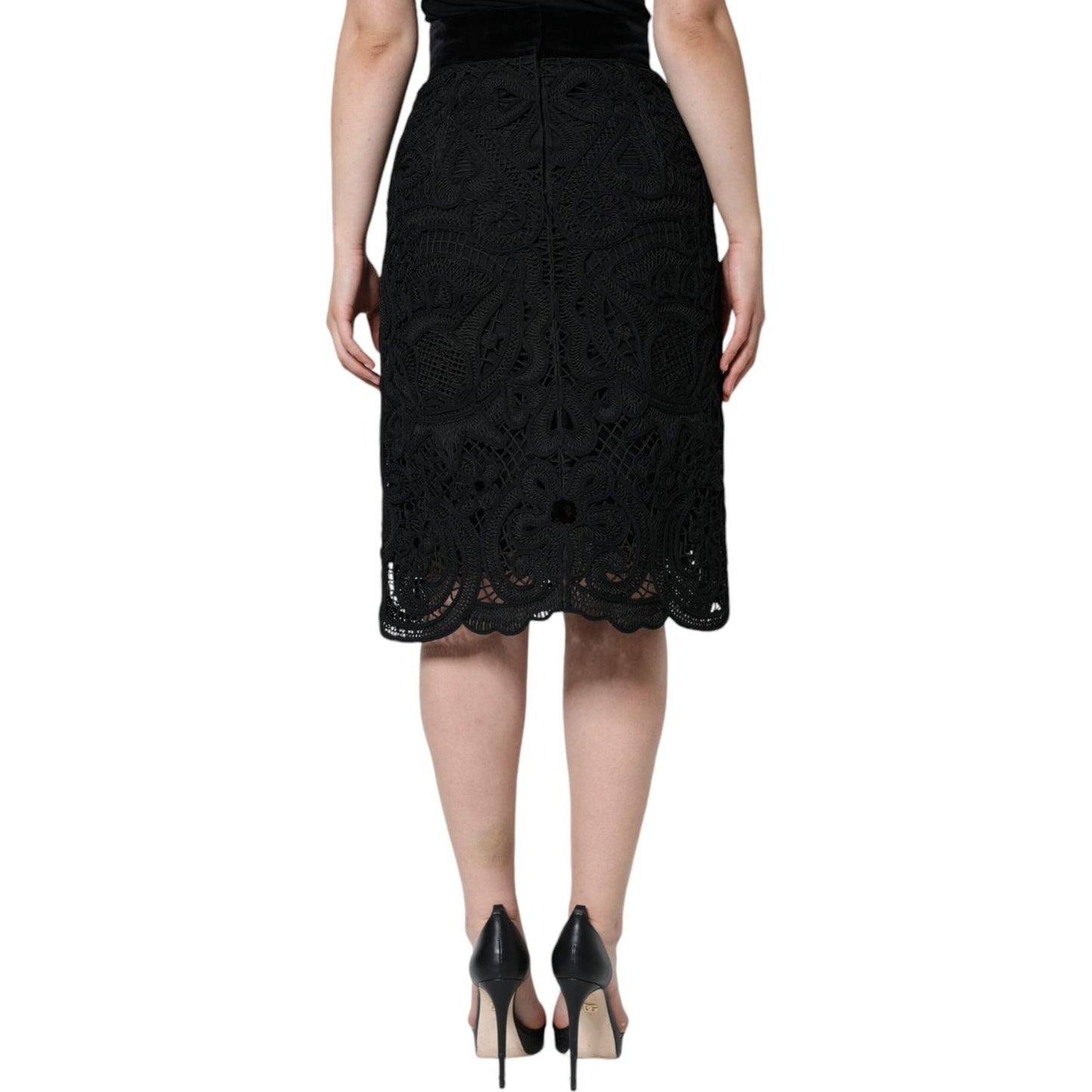 Dolce & Gabbana Black Floral Lace High Waist Pencil Cut Skirt SKI1815-48