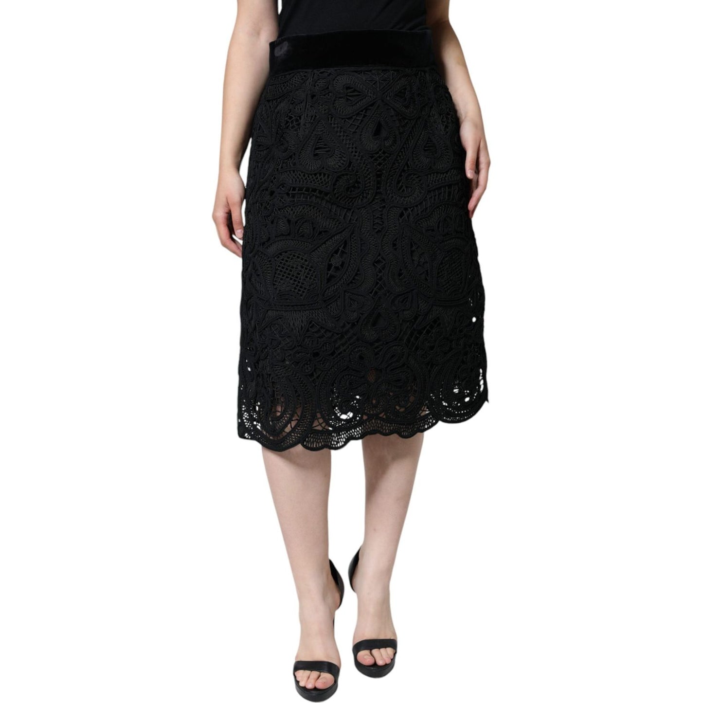 Dolce & Gabbana Black Floral Lace High Waist Pencil Cut Skirt SKI1815-48