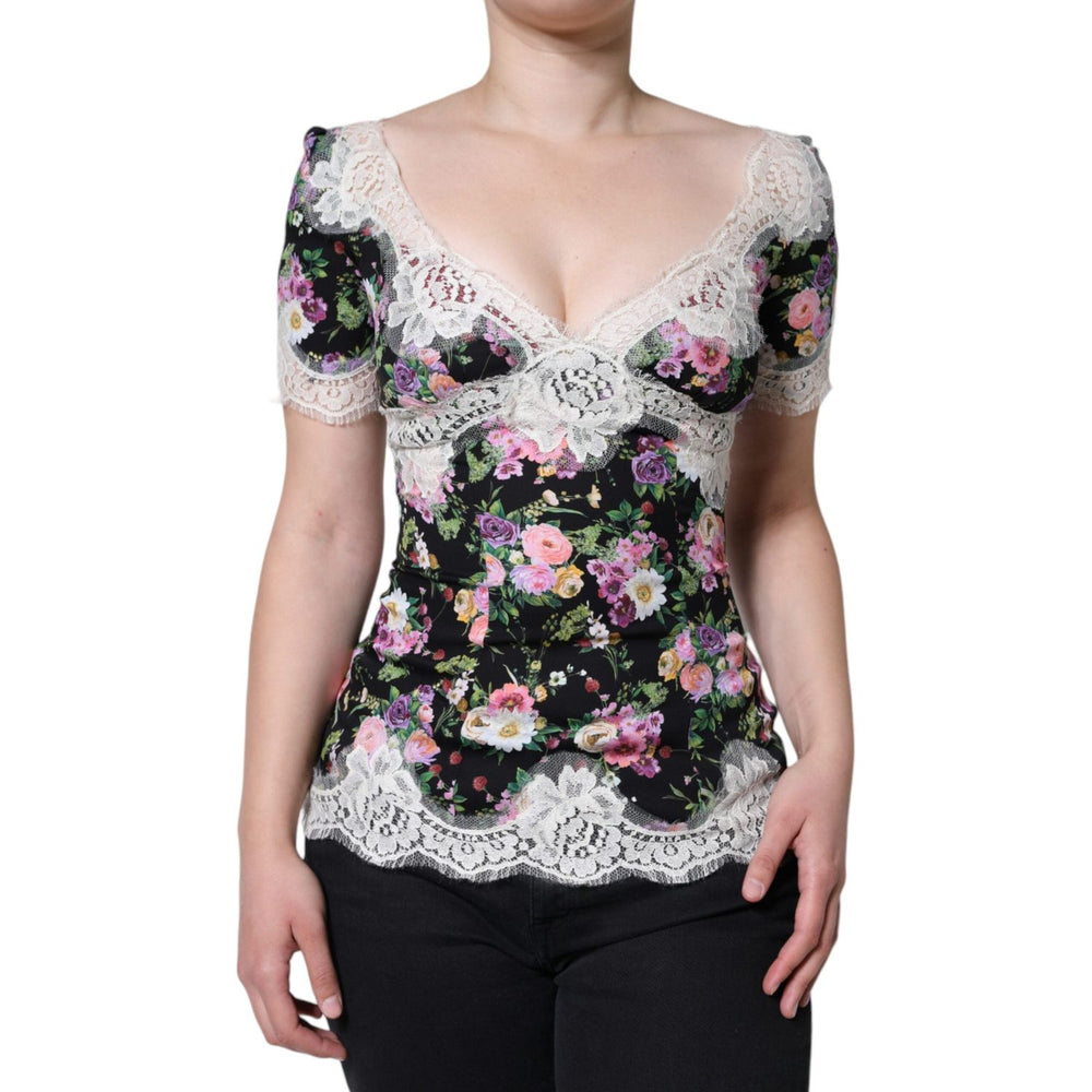 Dolce & Gabbana Black Floral Lace Short Sleeves Blouse Top TSH86564-40