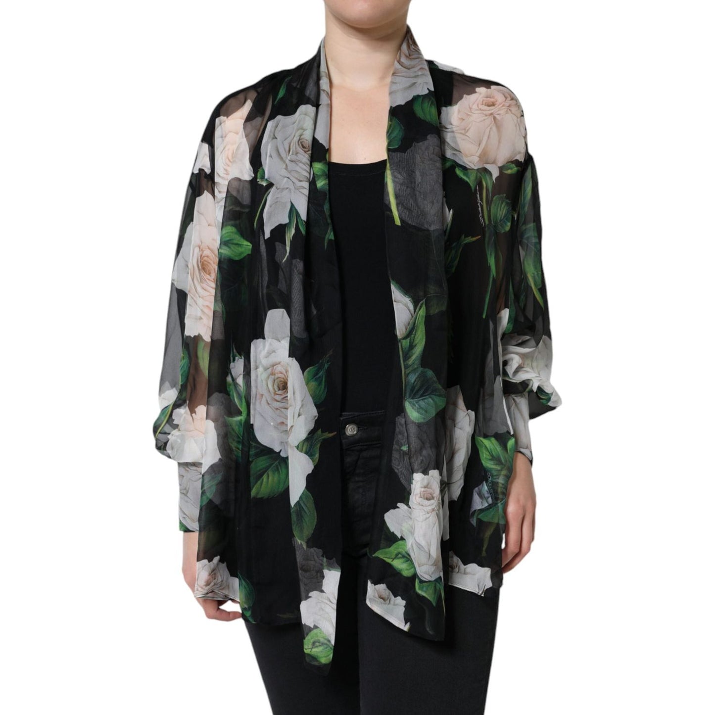 Dolce & Gabbana Black Floral Print Silk Cardigan Blouse Top TSH86546-40