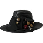 Dolce & Gabbana Black Leather DG Coin Crystal Wide Brim Hat HAT9636-57