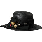 Dolce & Gabbana Black Leather DG Coin Crystal Wide Brim Hat HAT9636-57