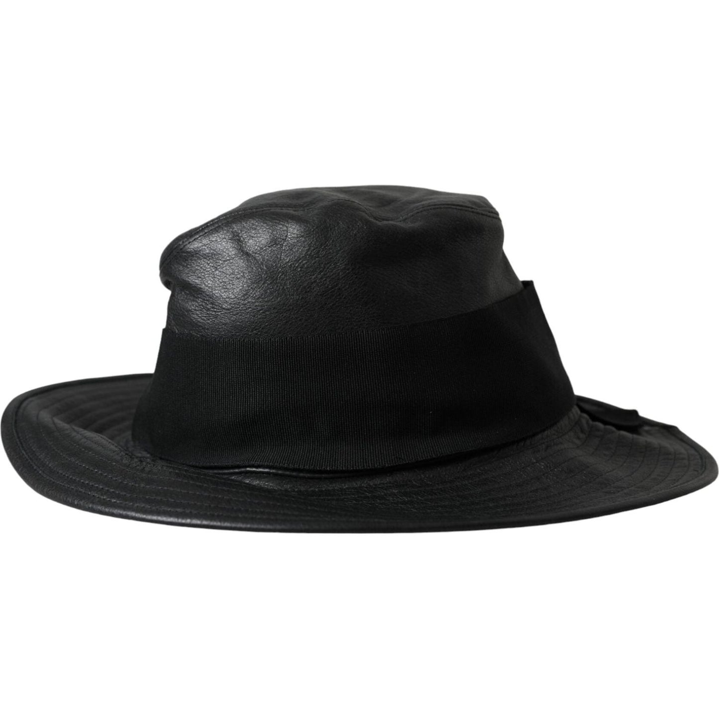 Dolce & Gabbana Black Leather DG Coin Crystal Wide Brim Hat HAT9636-57
