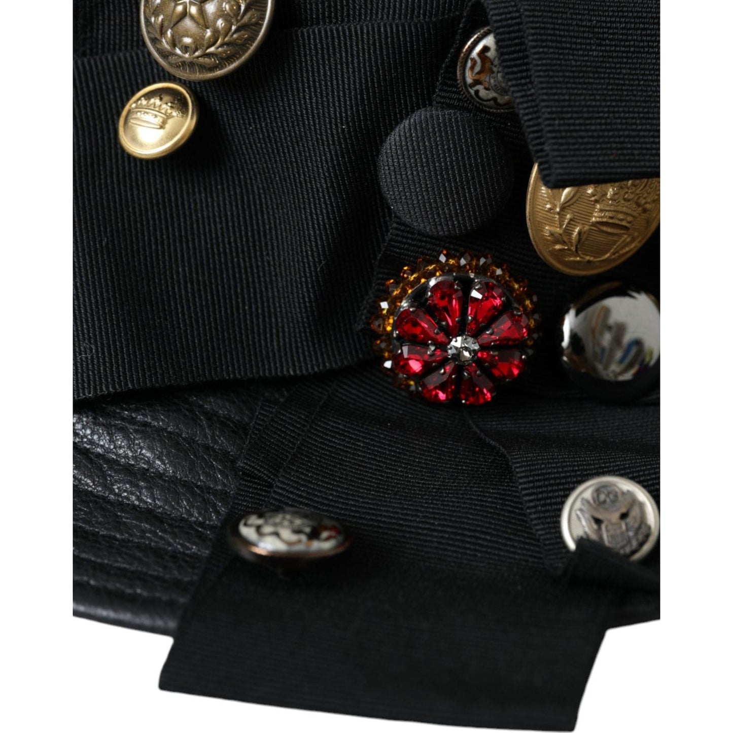 Dolce & Gabbana Black Leather DG Coin Crystal Wide Brim Hat HAT9636-57