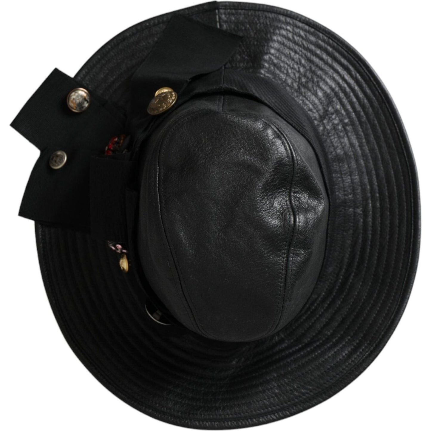 Dolce & Gabbana Black Leather DG Coin Crystal Wide Brim Hat HAT9636-57