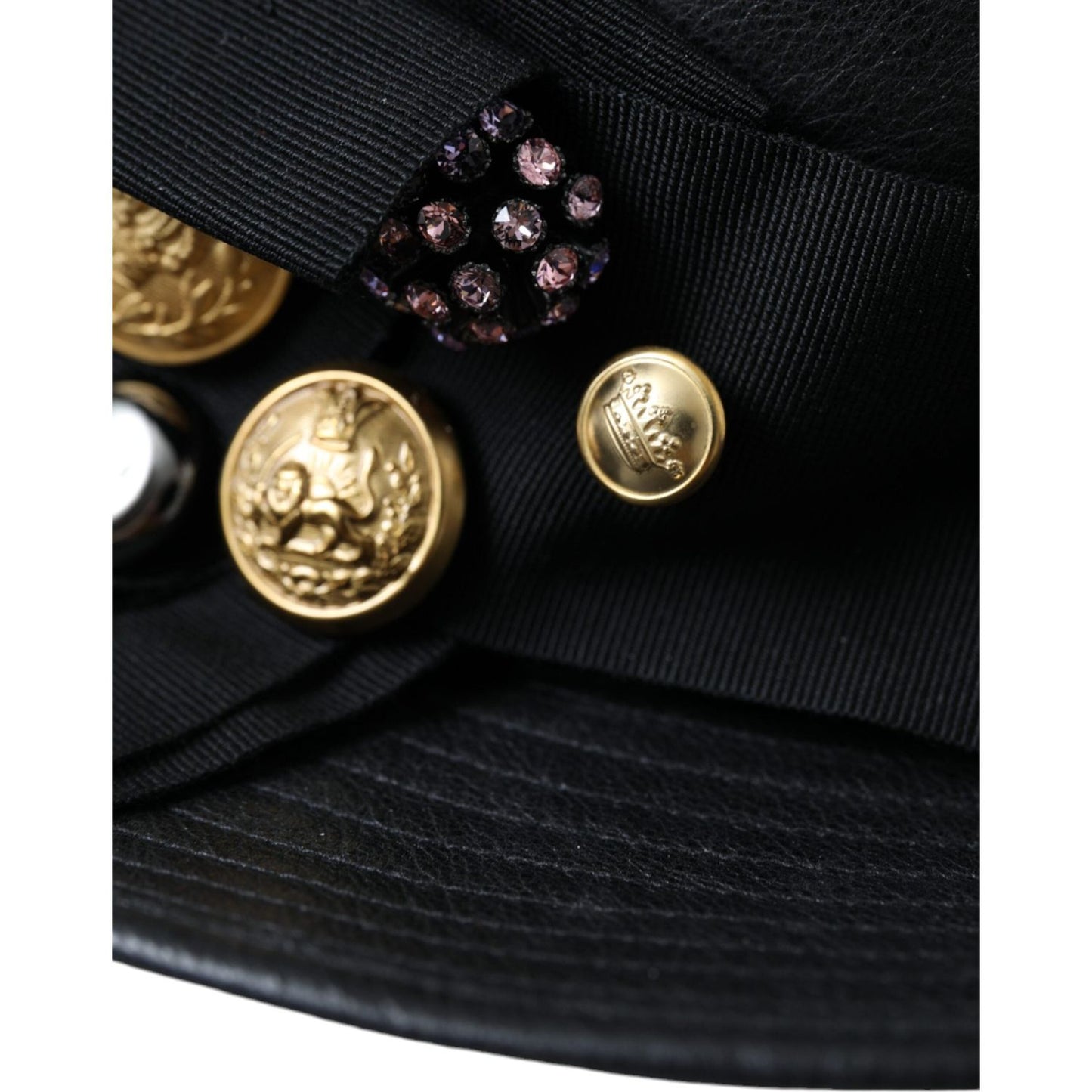 Dolce & Gabbana Black Leather DG Coin Crystal Wide Brim Hat HAT9636-57