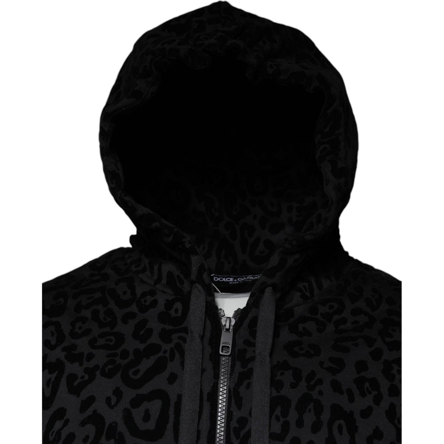 Dolce & Gabbana Black Leopard Cotton Hooded Full Zip Sweater TSH86961-48