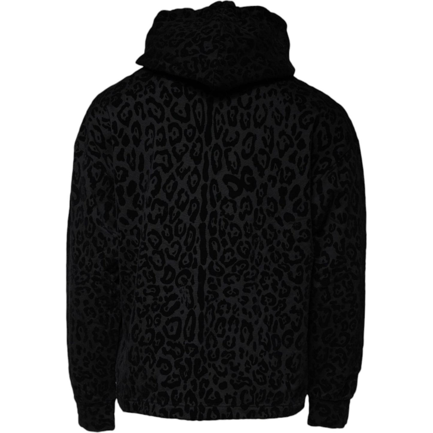 Dolce & Gabbana Black Leopard Cotton Hooded Full Zip Sweater TSH86961-48