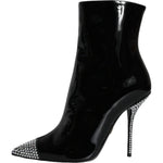 Dolce & Gabbana Black Patent Leather Crystal Heel Boots Shoes LA11273-39