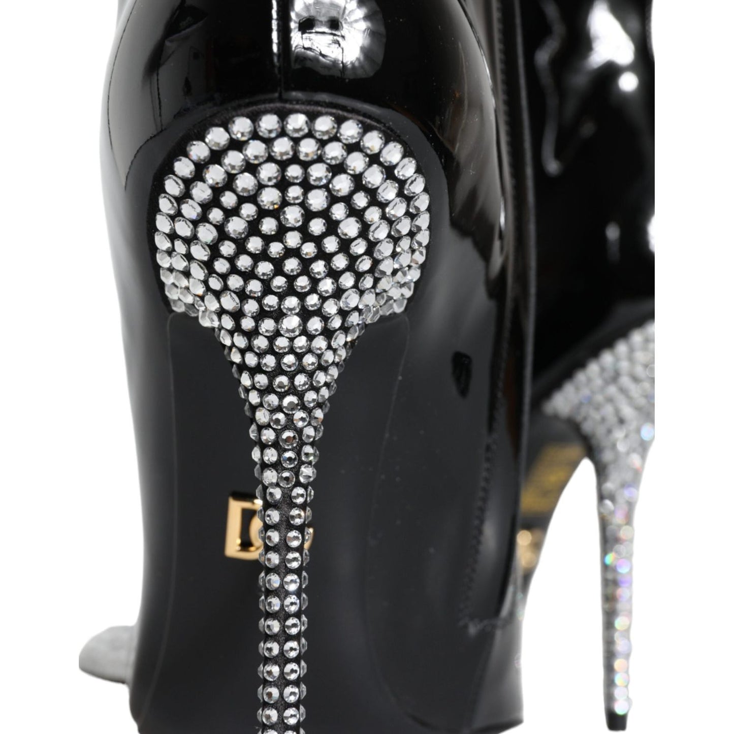 Dolce & Gabbana Black Patent Leather Crystal Heel Boots Shoes LA11273-39