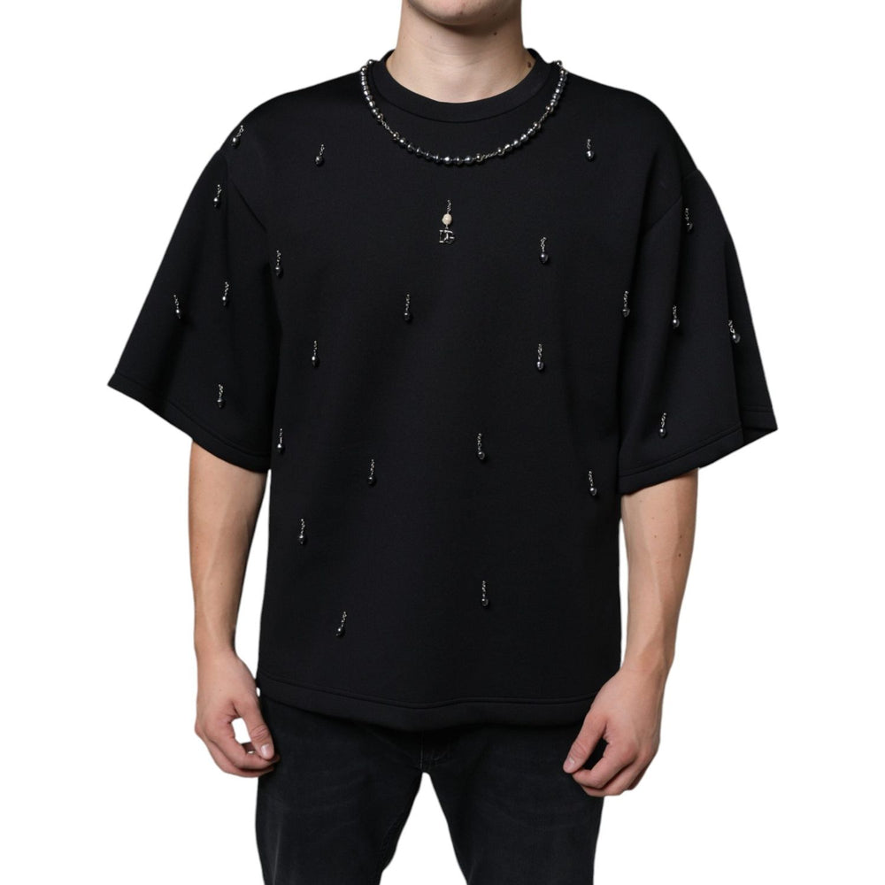 Dolce & Gabbana Black Polyester Necklace Embellished T-shirt TSH86644-48