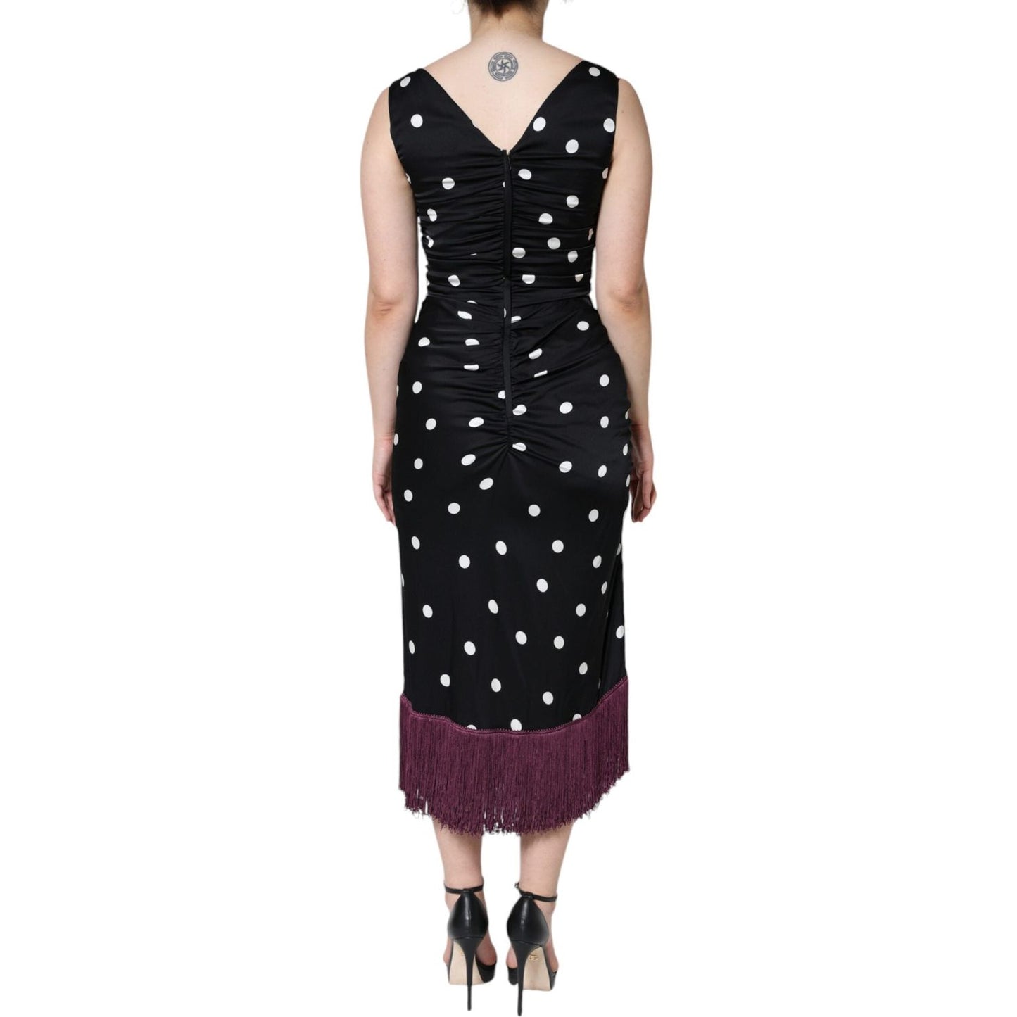Dolce & Gabbana Black Silk Polka Dot Vneck Tassel Midi Dress DR281331-44