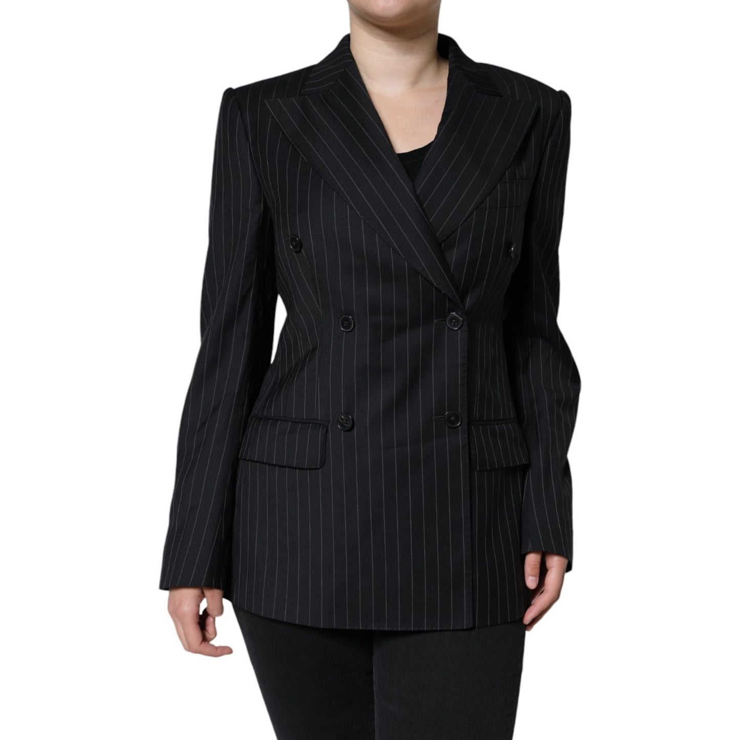 Dolce & Gabbana Black Striped Double Breasted Coat Jacket JKT4176-44