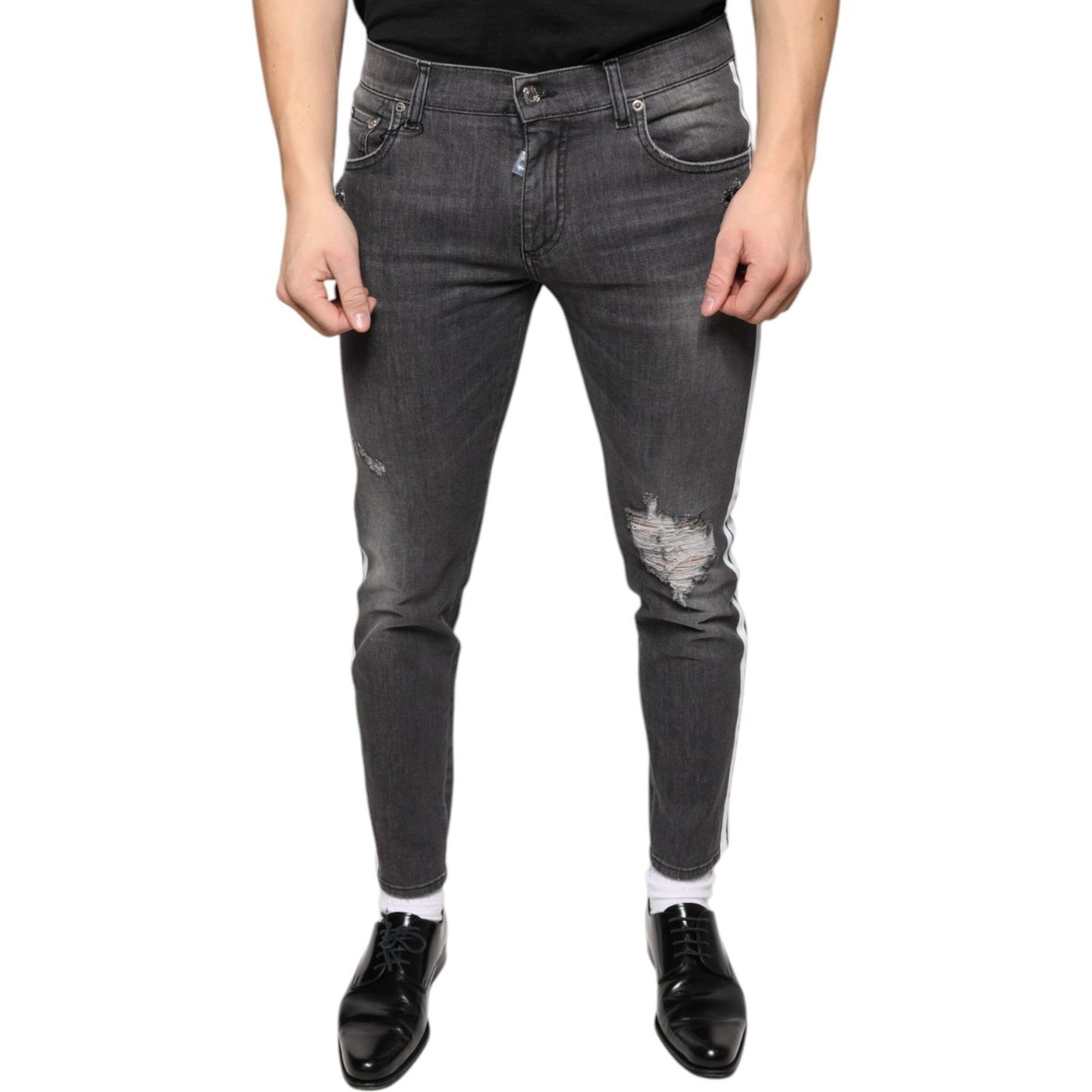 Dolce & Gabbana Black Tattered Cotton Skinny Men Denim Jeans PAN74863-48