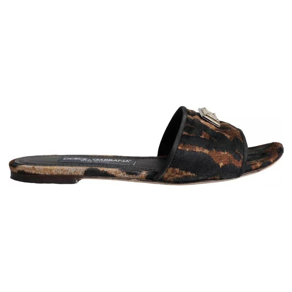 Dolce & Gabbana Brown Leopard Logo Slides Flats Sandals Shoes LA11629-36