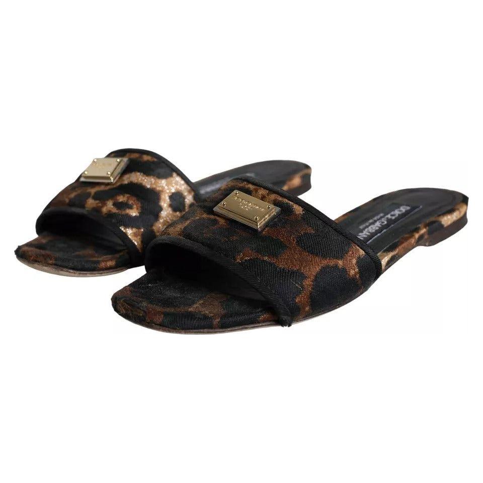 Dolce & Gabbana Brown Leopard Logo Slides Flats Sandals Shoes LA11629-36