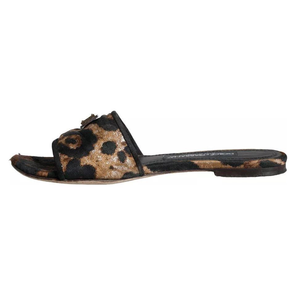 Dolce & Gabbana Brown Leopard Logo Slides Flats Sandals Shoes LA11629-36