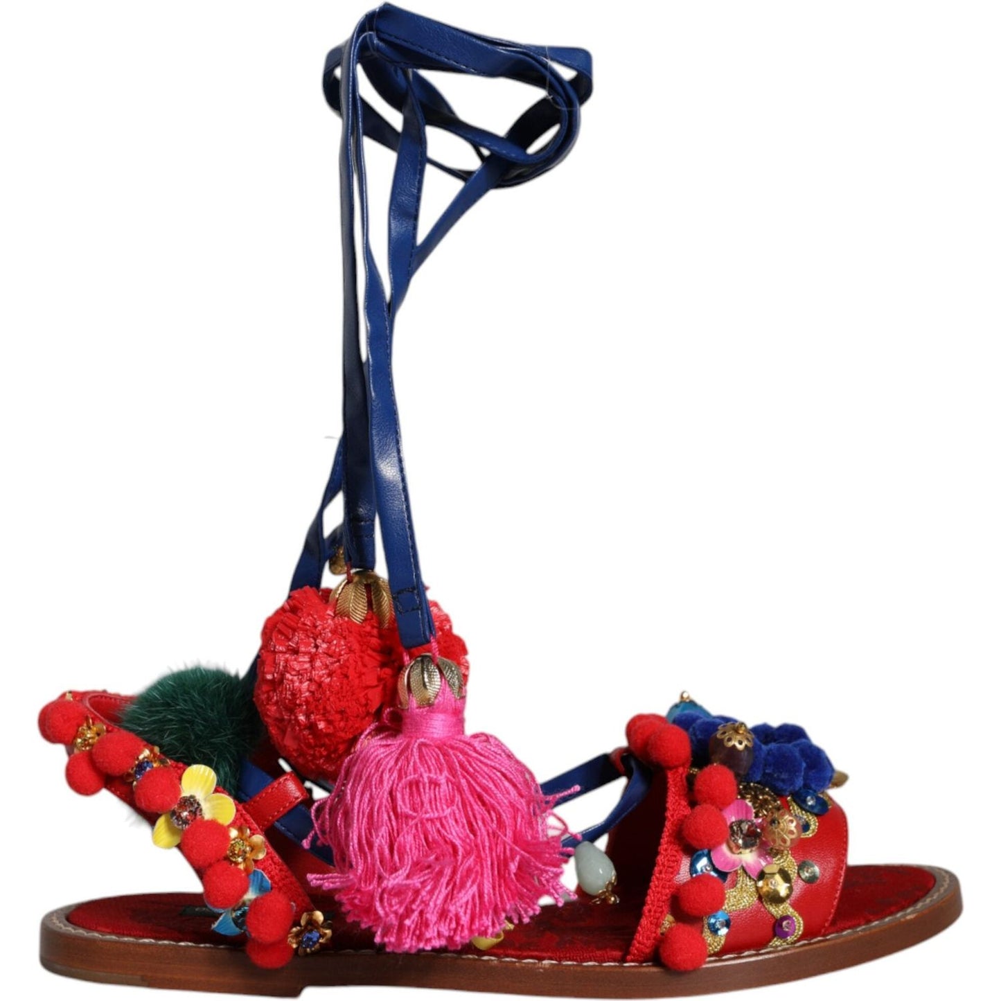 Dolce & Gabbana Multicolor Pom Pom Fur Wrap Sandals Shoes LA11659-38