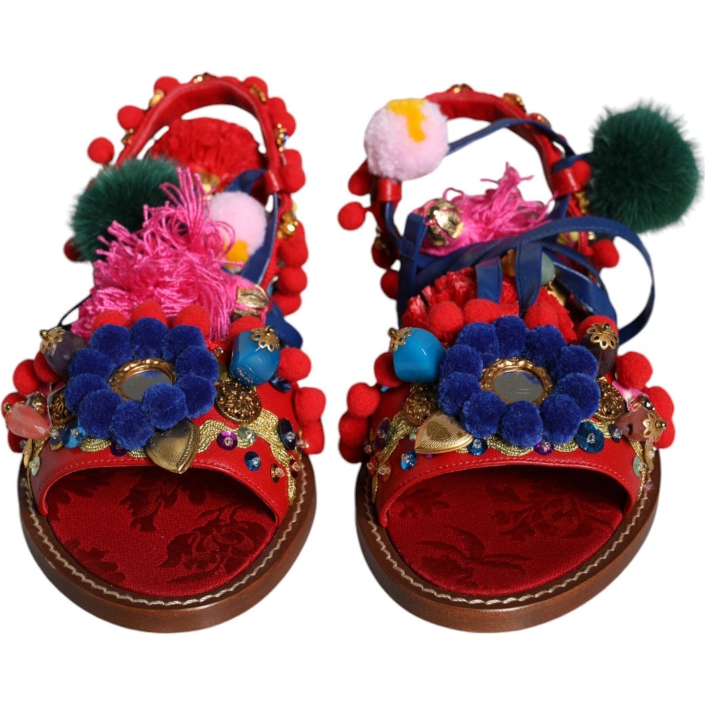 Dolce & Gabbana Multicolor Pom Pom Fur Wrap Sandals Shoes LA11659-38
