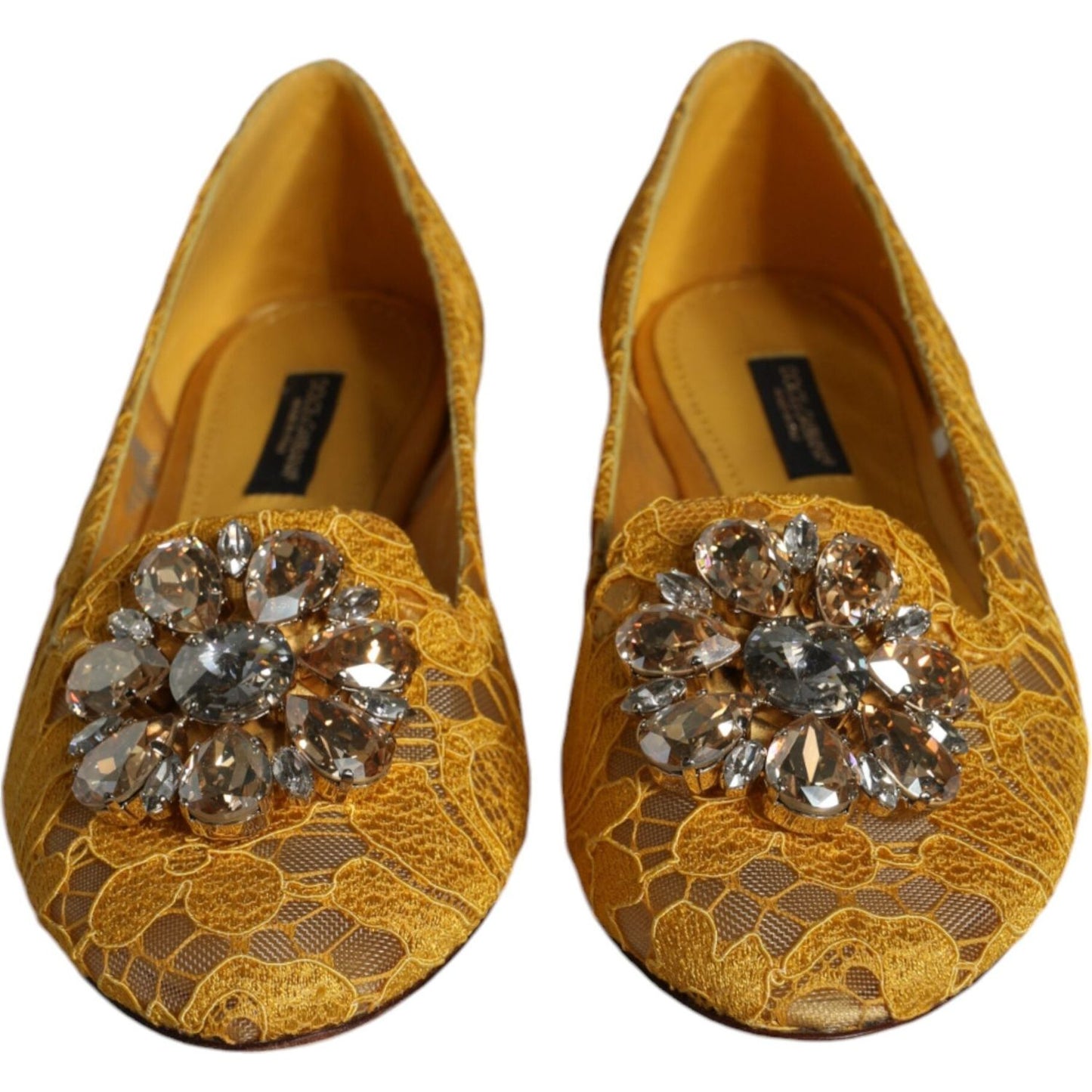 Dolce & Gabbana Mustard Lace Crystal Ballet Flats Loafer Shoes LA11544-35