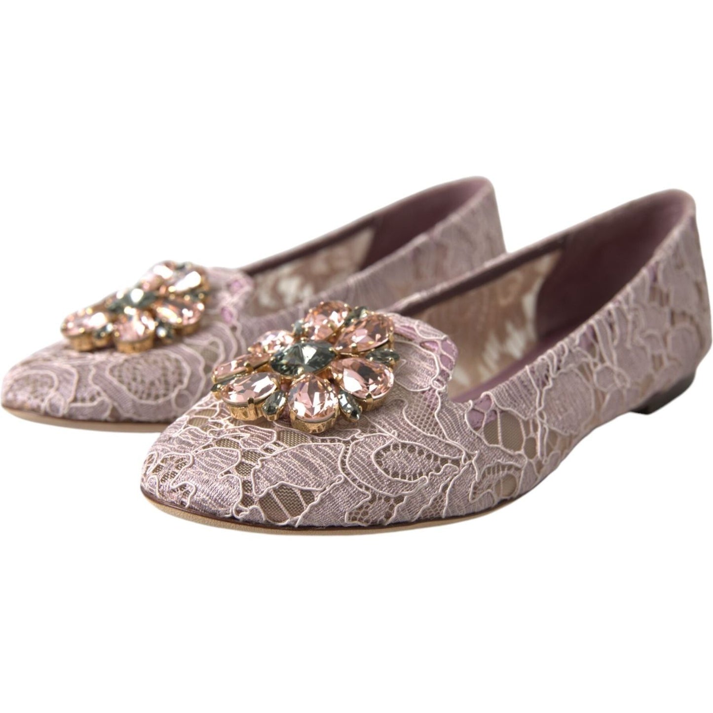 Dolce & Gabbana Pink Lace Crystal Ballet Flats Loafers Shoes LA10311-35.5