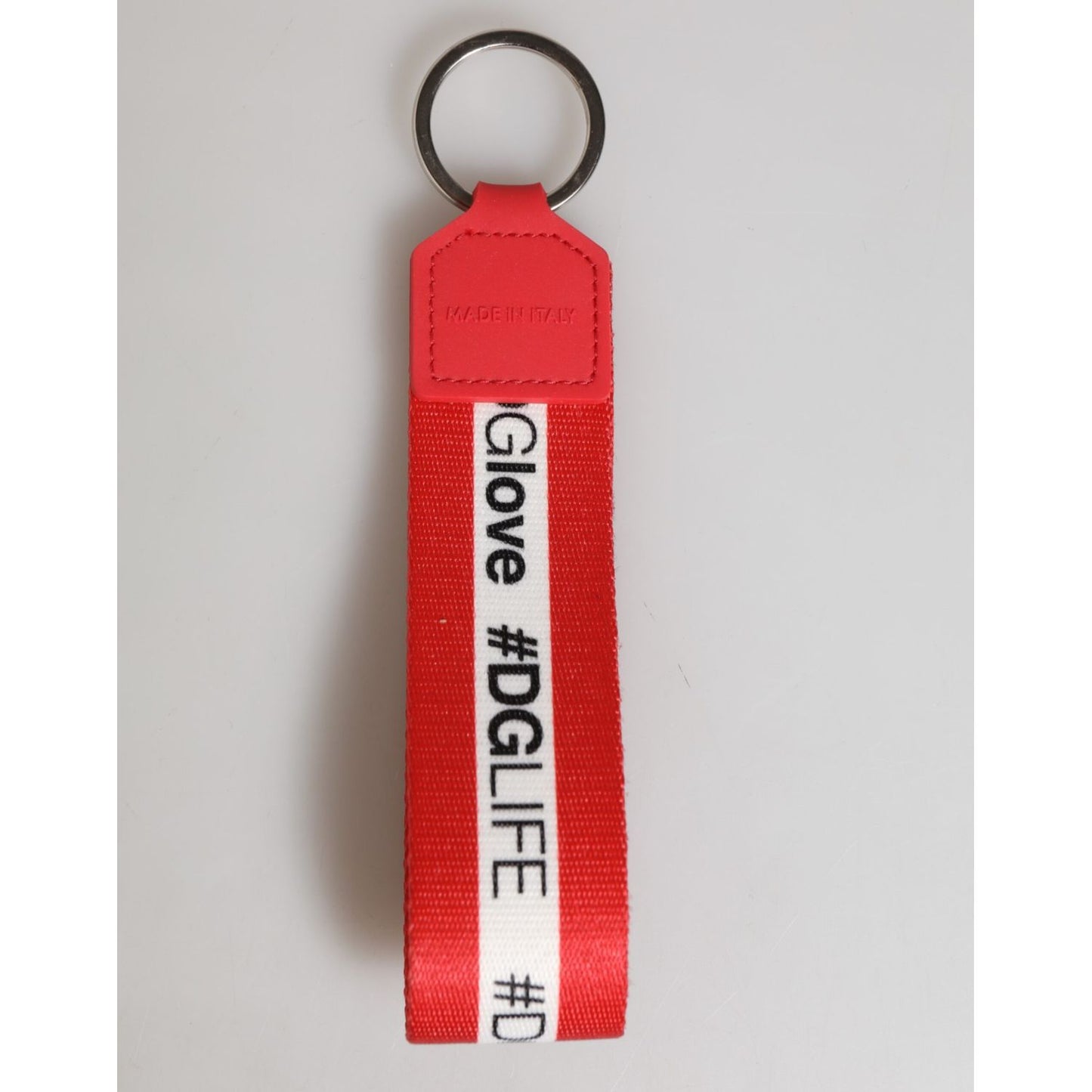 Dolce & Gabbana Red Logo Polyester Silver Brass Holder Keychain Men Keyring SMY11297