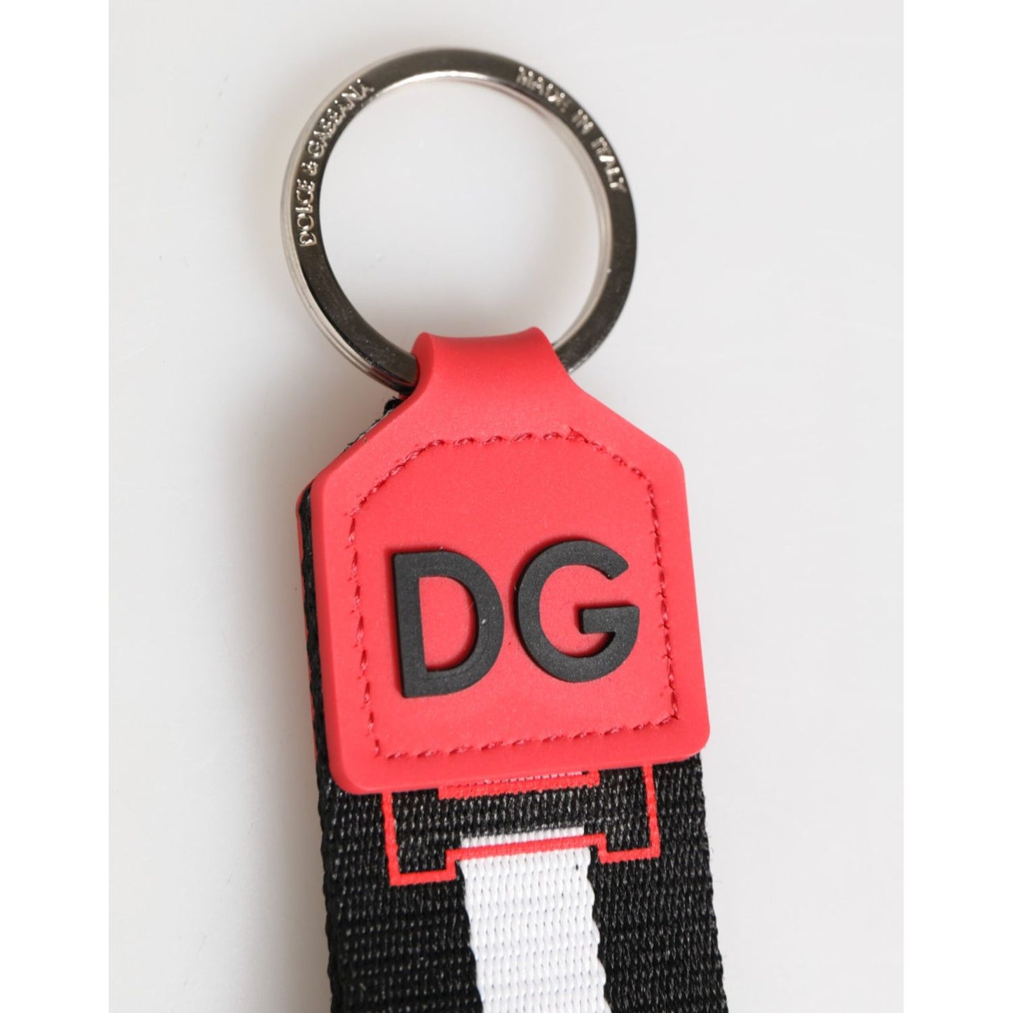 Dolce & Gabbana Red White DG Logo Polyester Brass Holder Keychain Keyring SMY11322