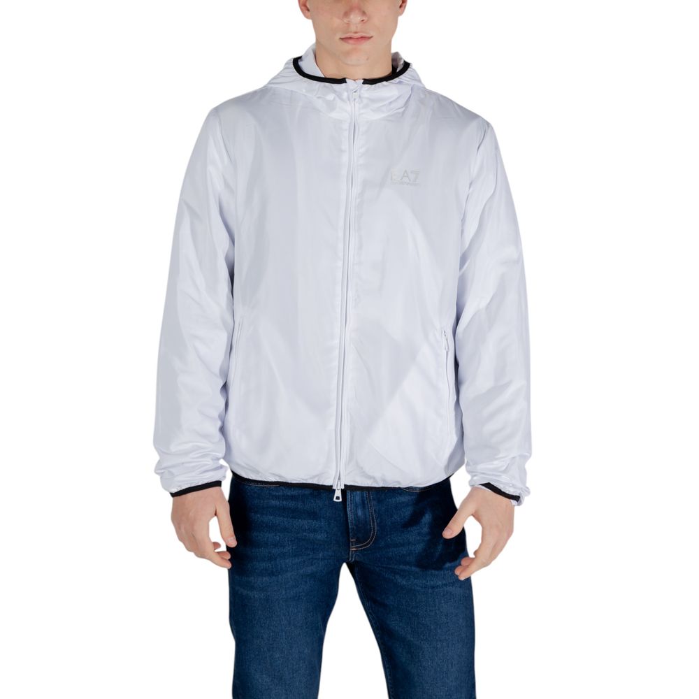 Man wearing EA7 Emporio Armani White Polyester Shell Jacket displaying lightweight and stylish design
