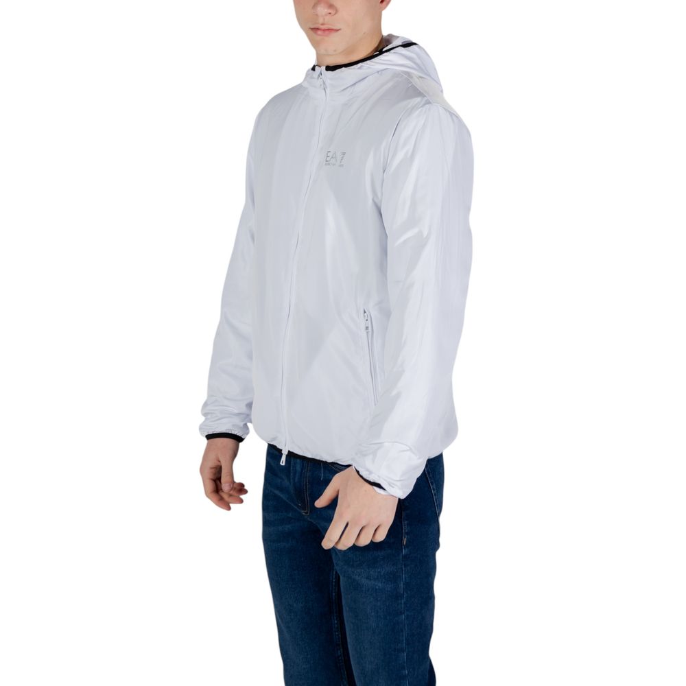 EA7 Emporio Armani White Polyester Shell Jacket displayed on a model against a white background.