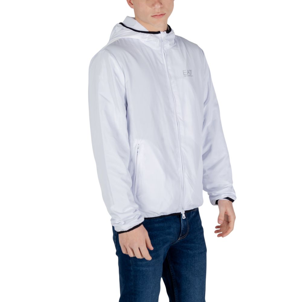 Model wearing EA7 Emporio Armani White Polyester Shell Jacket, highlighting its lightweight and elegant design.
