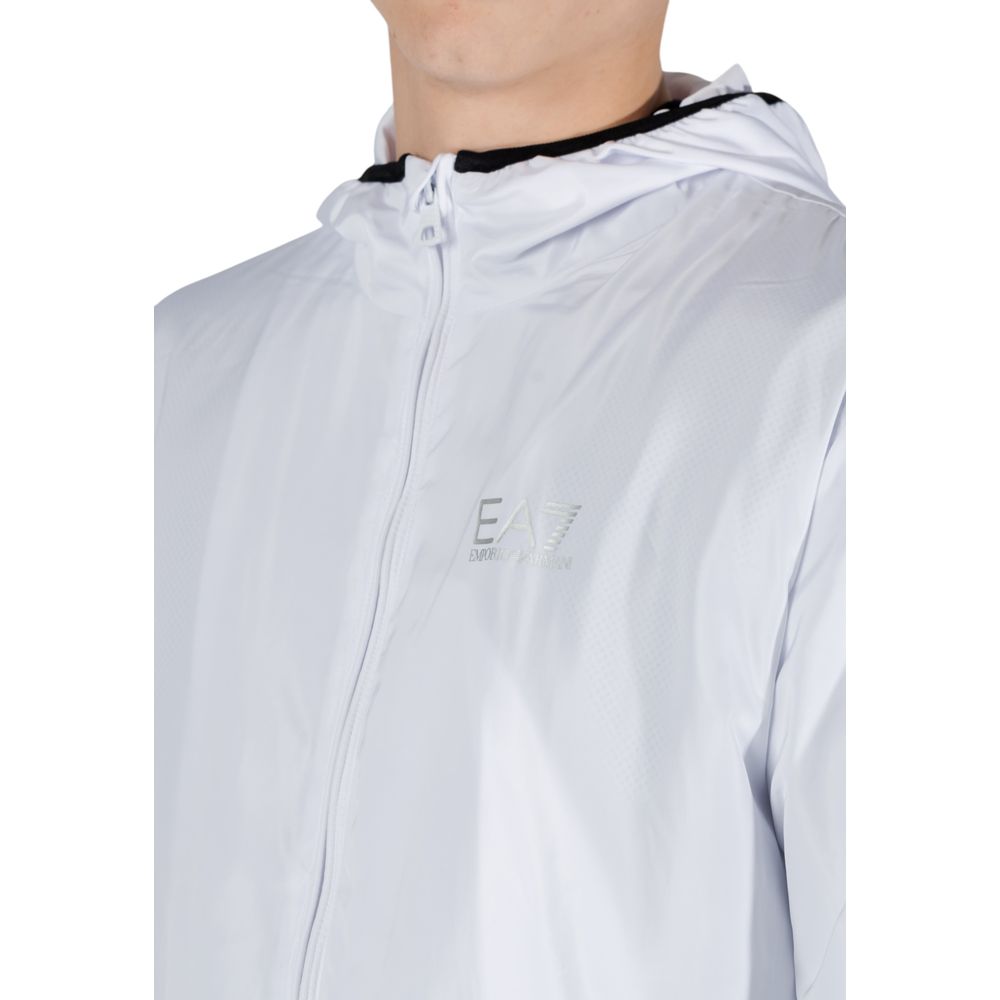 Close-up of EA7 Emporio Armani White Polyester Shell Jacket highlighting zipper and logo with a stylish design.