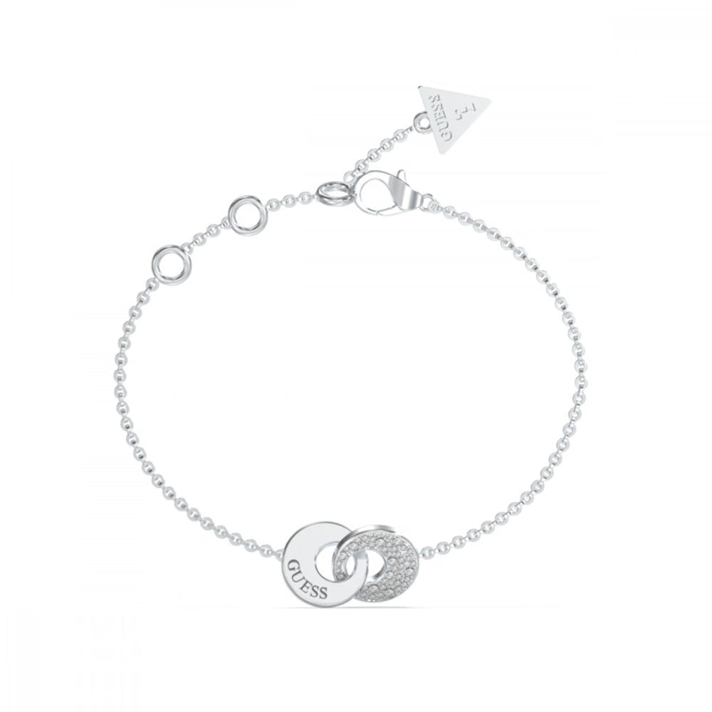 GUESS JEWELS JEWELRY Mod. JUBB05220JWRHS silver bracelet with circular charm and logo pendant on white background