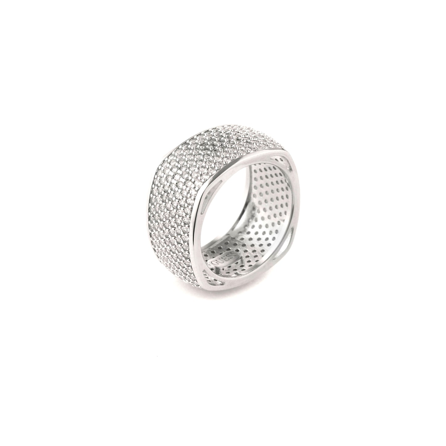 Silver ring from GUESS JEWELS JEWELRY Mod. JUBR04674JWRH54 with textured design on white background.