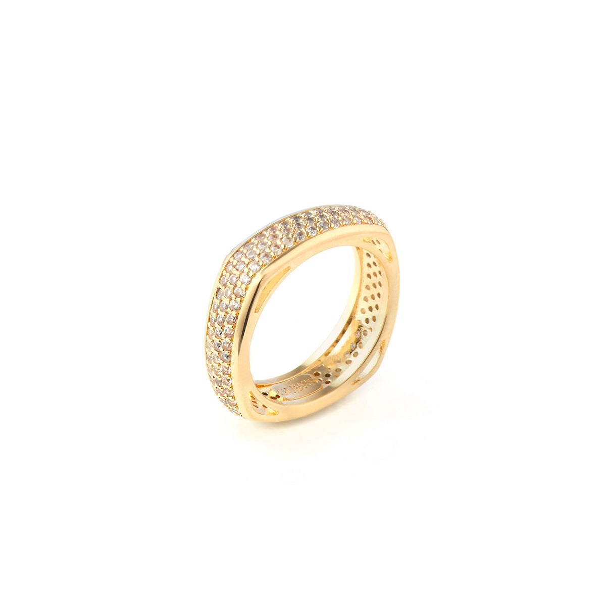 Gold ring with crystals, featuring GUESS JEWELS JEWELRY Mod. JUBR04675JWYG54. Elegant design with sparkling accents.