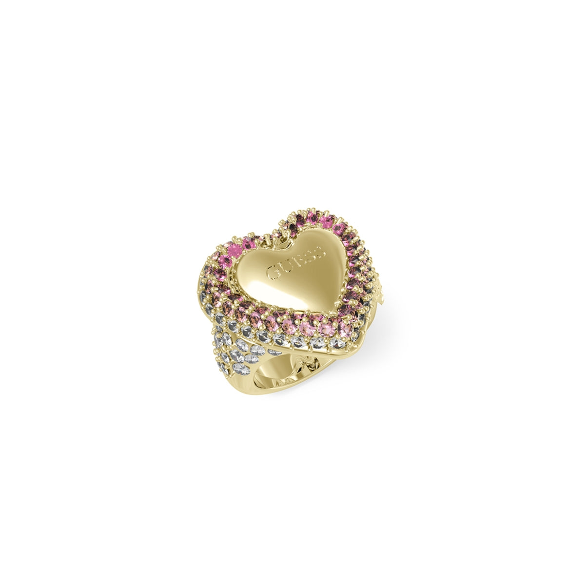 Heart-shaped ring from GUESS JEWELS JEWELRY Mod. JUBR05009JWYGPK58 with pink and clear gemstones