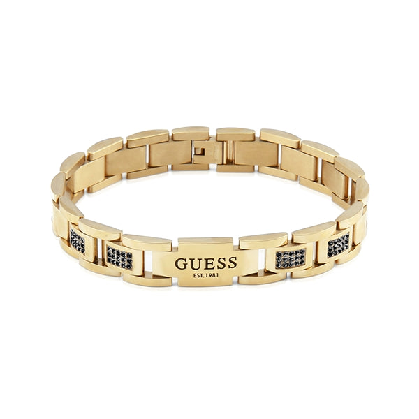 GUESS JEWELS JEWELRY Mod. JUMB01342JWYGBKT-U gold bracelet with logo and black accents.