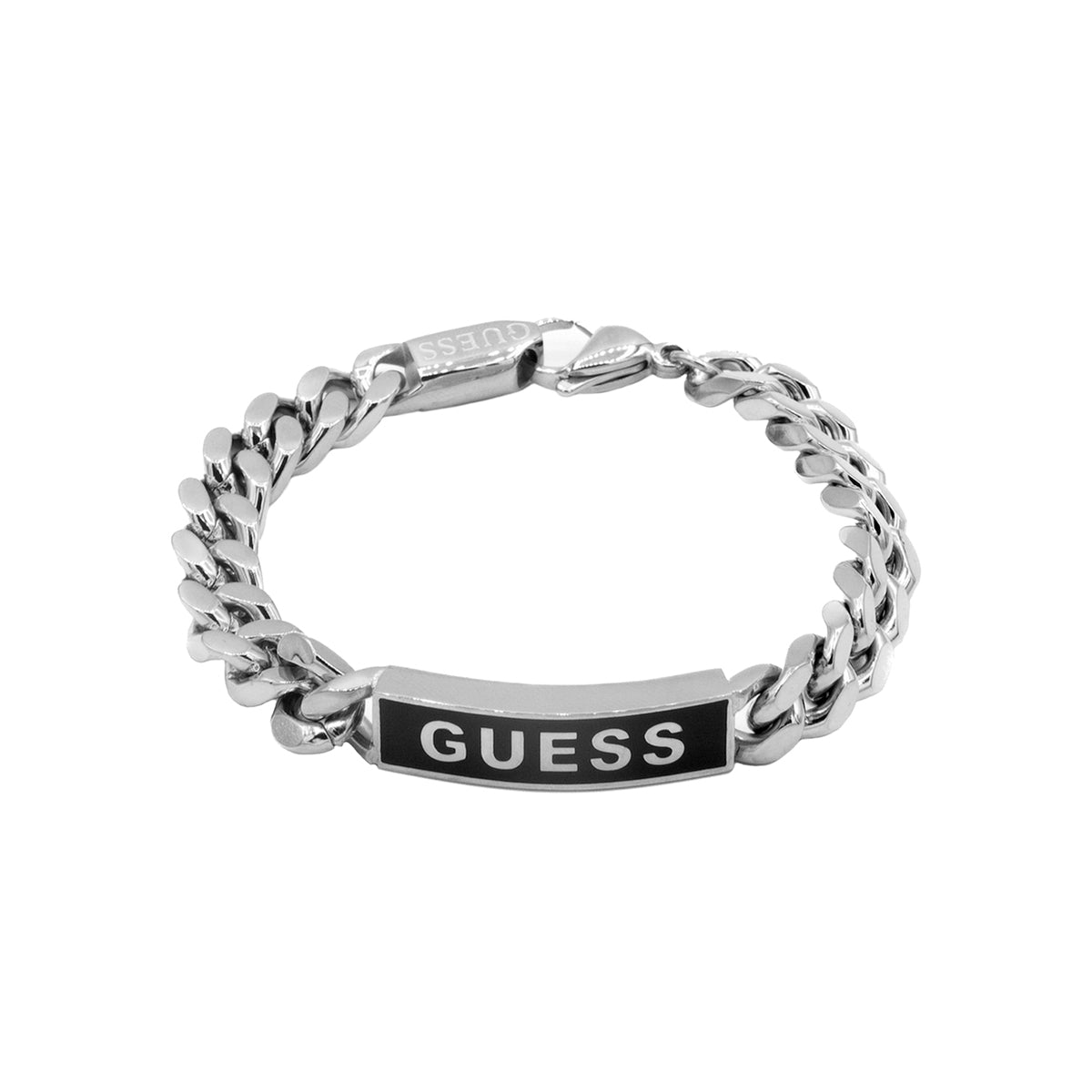 Alt Tag: Silver bracelet from GUESS JEWELS JEWELRY Mod. JUXB03002JWSTBKS with iconic logo on black plate, elegant design.