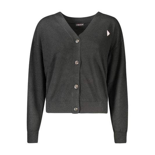 Guess Jeans Black Polyester Women Cardigan with buttons and logo, perfect for chic, timeless elegance and seasonal transitions.