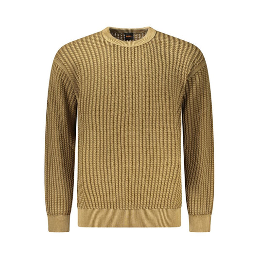 Hugo Boss Brown Cotton Men Sweater with long sleeves and crew neck showcasing luxury and comfort.