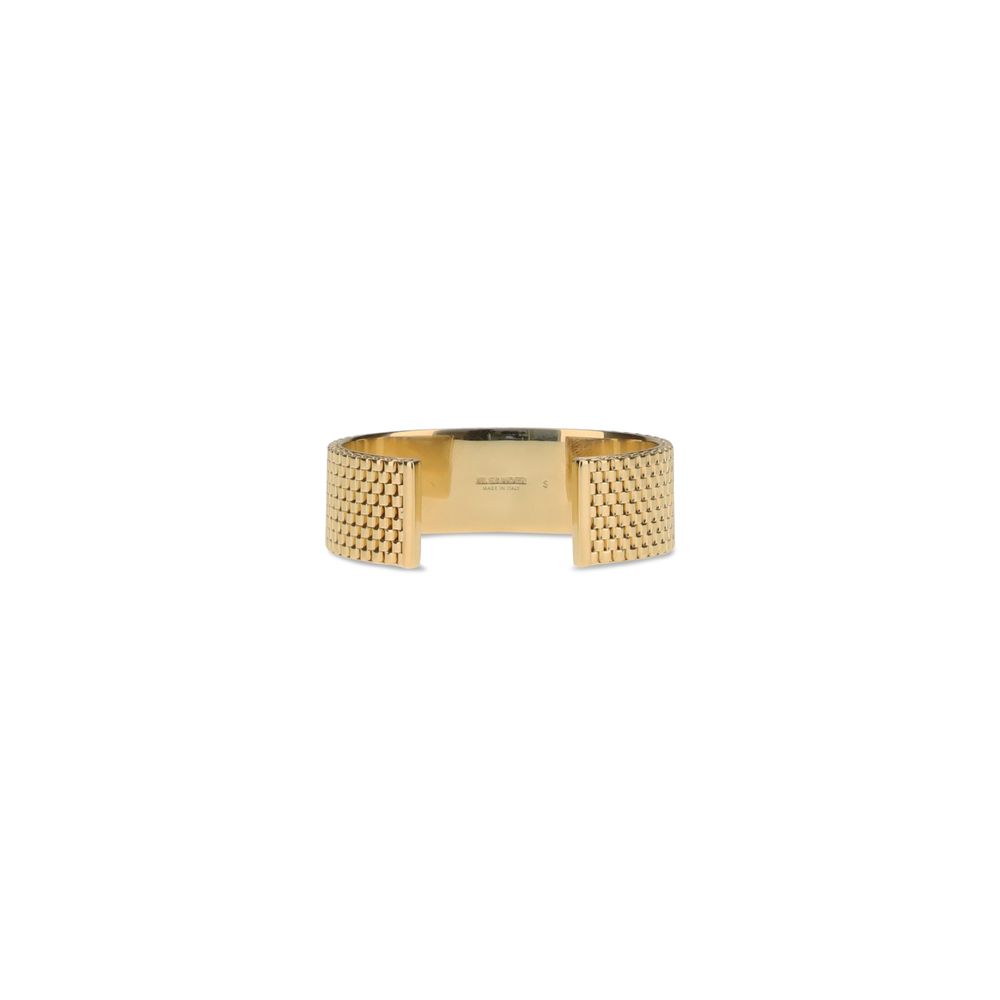 Jil Sander Gold Brass Bracelet with mesh texture and logo engraving, minimalist design for AW25, 100% brass jewelry.