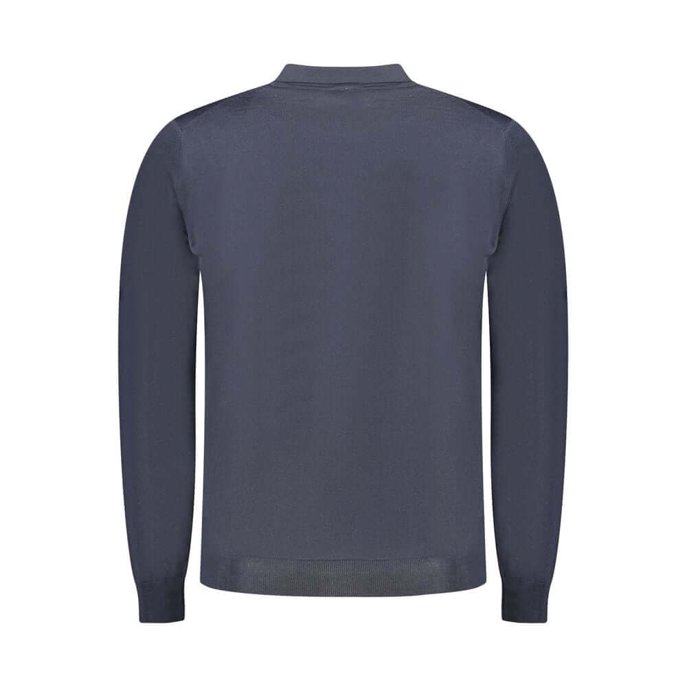 Back view of K-WAY Blue Wool Sweater with long sleeves, 3 buttons, and logo.