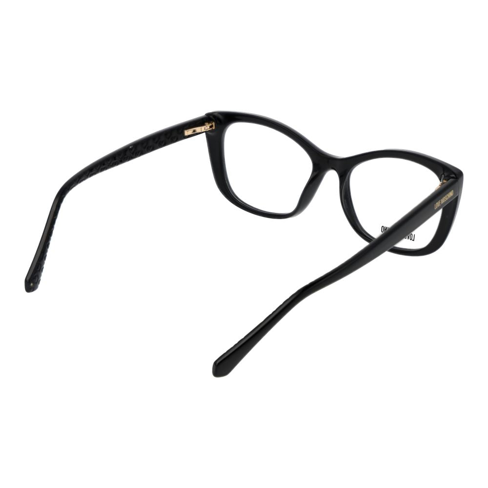 Love Moschino Black Cellulose Propionate Glasses (Frames) for women, black full-rim butterfly style with spring hinge, demo lenses included.
