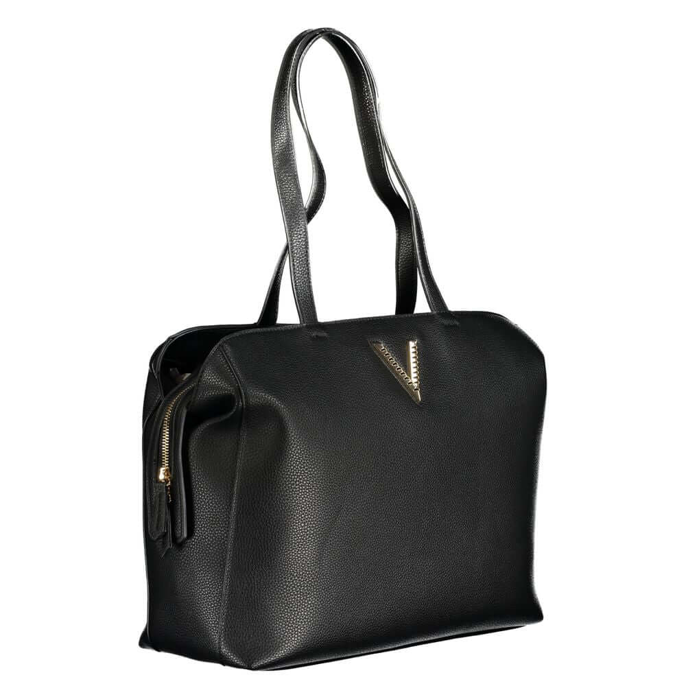 Mario Valentino Black Polyethylene Handbag with handles, adjustable strap, and logo detail. Features external pocket and contrasting details.
