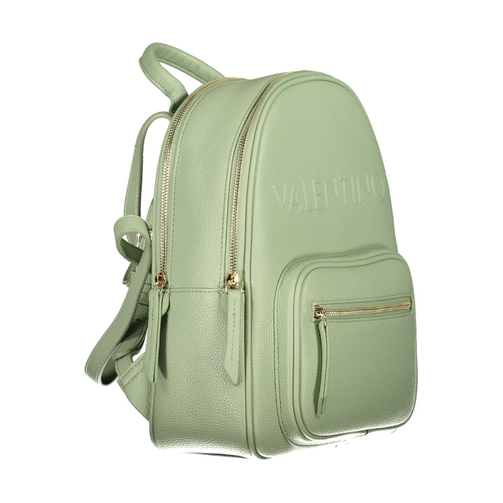 Mario Valentino Green Polyethylene Backpack with logo, adjustable straps, multiple pockets, and zip closure.