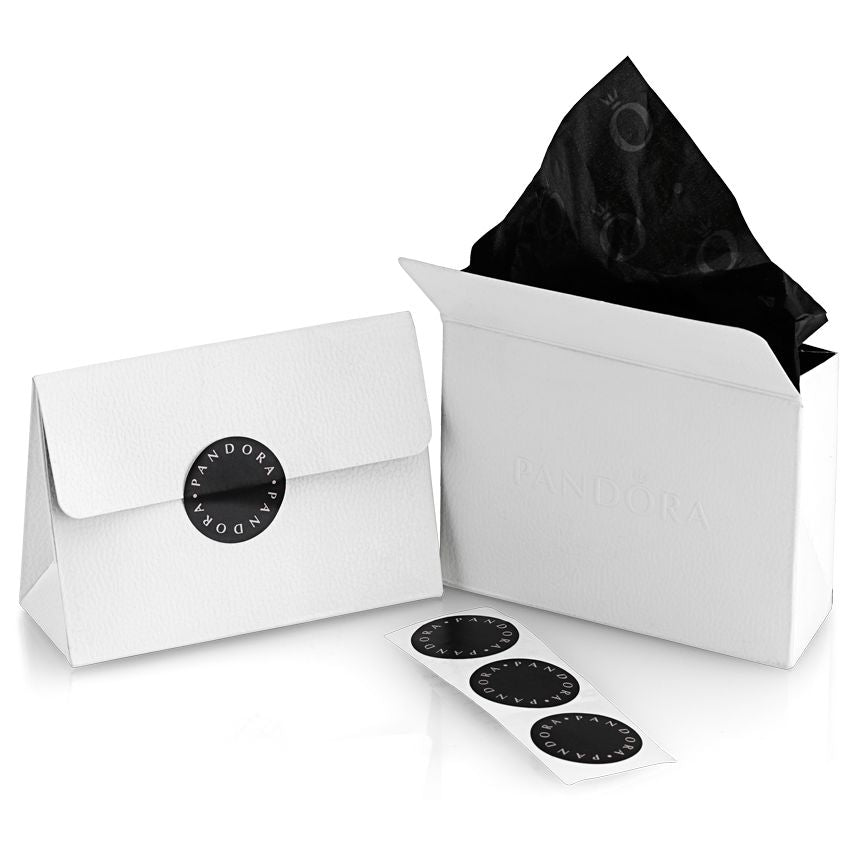 PANDORA JEWELRY Mod. 594028C00-17 packaging displayed with white gift box and black tissue paper.