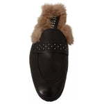 Peserico Black Leather Fur Perforated Slip On Flats Shoes 1728,67345645728,Black,EU37/US7,Flat Shoes - Women - Shoes,Material: Leather,Peserico,Preowned / Defect,Shoes,Women,Women - Shoes LA9373-37