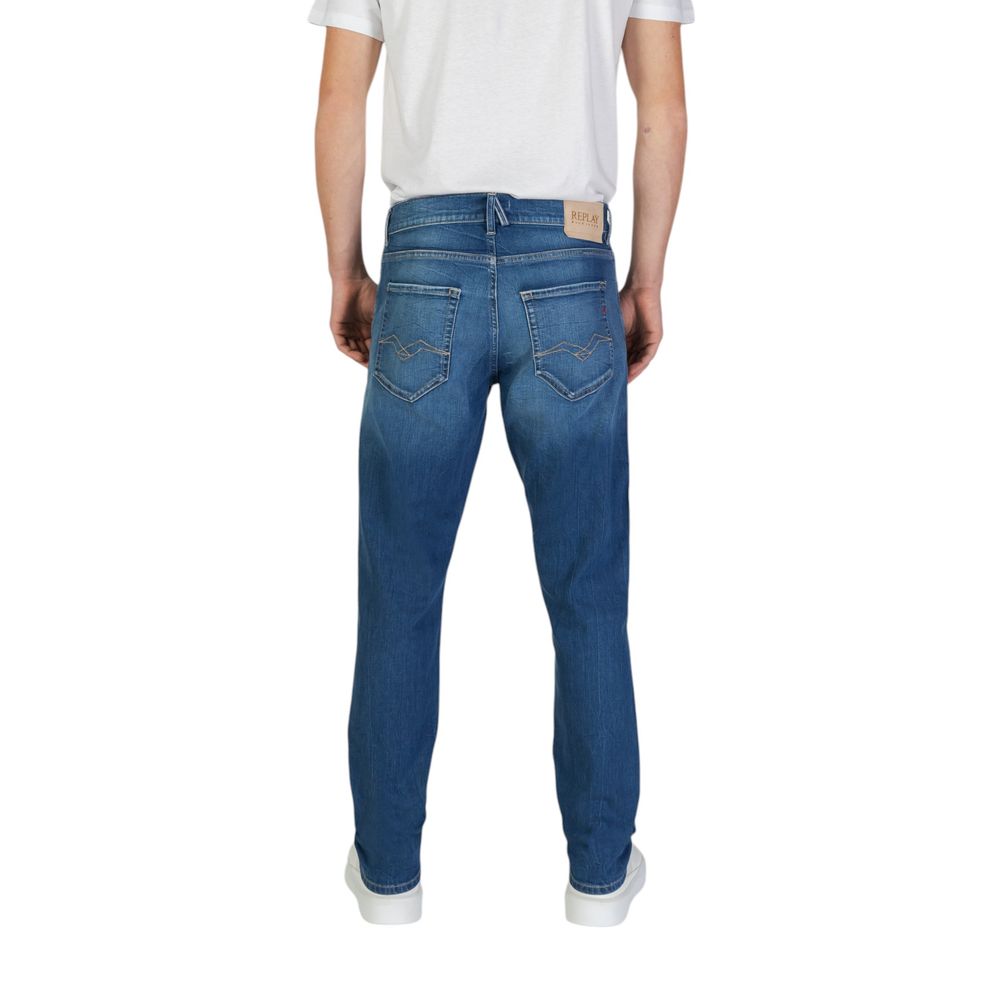 Rear view of Replay Blue Cotton Slim Fit Jeans showcasing tapered fit and classic design, made from cotton and elastane.